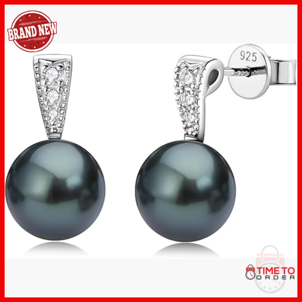 9-10mm Tahitian Pearl Stud Earrings Sterling Silver Moissanite